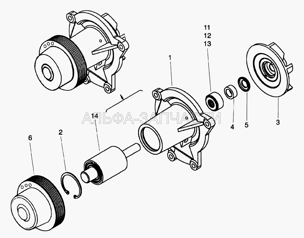 Водяной насос (6-3НР25155ЕС30 Подшипник шарико-роликовый радиальный двухрядный с двухсторонним уплотнением с валиком вместо внутреннего кольца) 